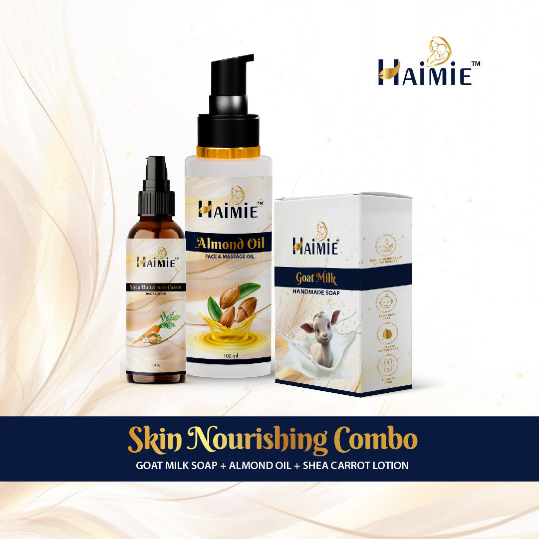 HAIMIE Skin Nourishing Combo-Goat Milk Natural Soap, Almond Oil For Face And Body and Shea Butter With Carrot Natural Lotion | Provides Moisturized And Smooth Skin | 100ml each, 100g